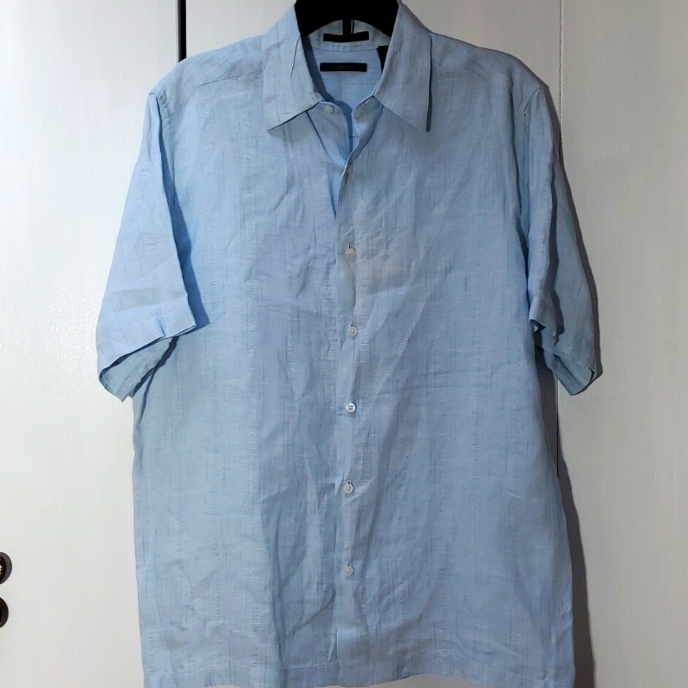 Claiborne|Mens Light Blue Pinstripe 100% Linen Short-Sleeved Shirt Coastal Sz.XL